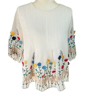 Coquette Floral Top‎ Womens Small White Cottage 3D Embroidered Twee Feminine